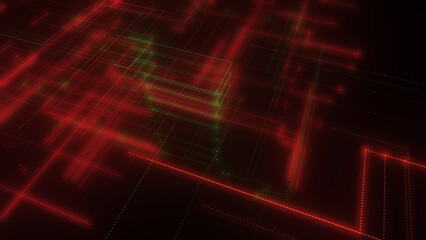 3D rendering of a digital neon mesh made of bright lines and dots