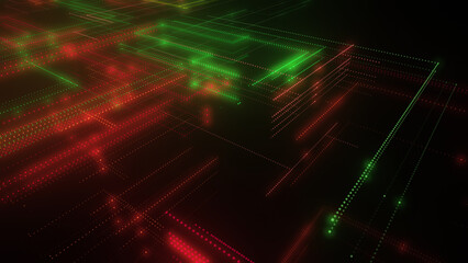 3D rendering of a digital neon mesh made of bright lines and dots