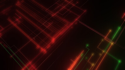 3D rendering of a digital neon mesh made of bright lines and dots