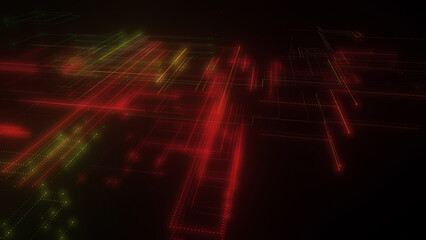 3D rendering of a digital neon mesh made of bright lines and dots