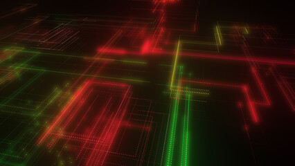 3D rendering of a digital neon mesh made of bright lines and dots