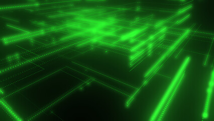 3D rendering of a digital neon mesh made of bright lines and dots