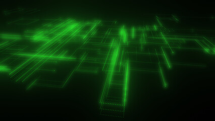 3D rendering of a digital neon mesh made of bright lines and dots