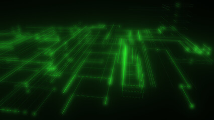 3D rendering of a digital neon mesh made of bright lines and dots