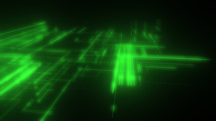 3D rendering of a digital neon mesh made of bright lines and dots