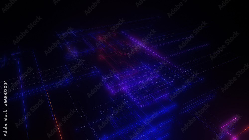 Poster 3d rendering of a digital neon mesh made of bright lines and dots