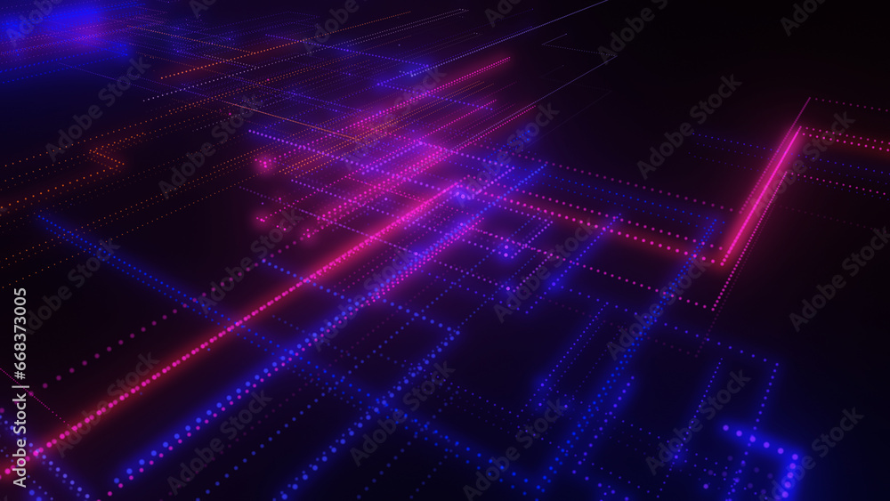 Poster 3d rendering of a digital neon mesh made of bright lines and dots