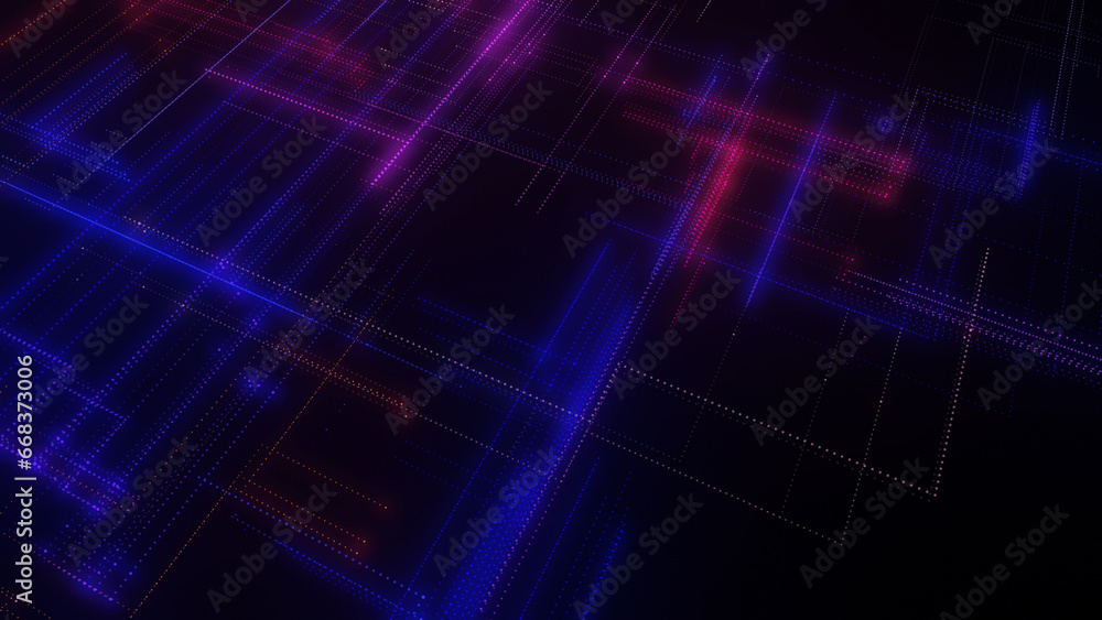 Poster 3d rendering of a digital neon mesh made of bright lines and dots