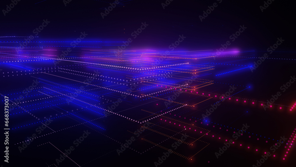 Poster 3d rendering of a digital neon mesh made of bright lines and dots