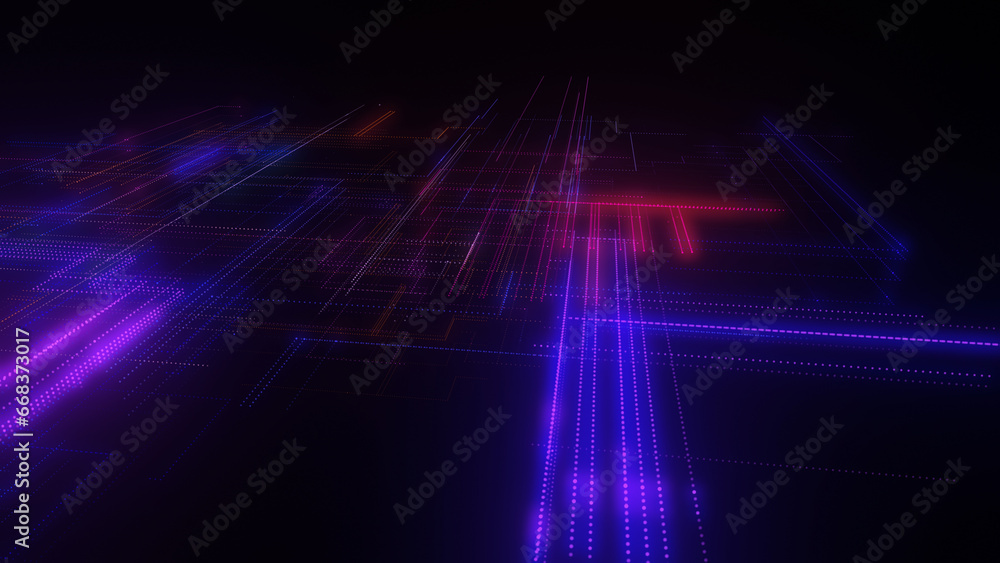 Poster 3d rendering of a digital neon mesh made of bright lines and dots