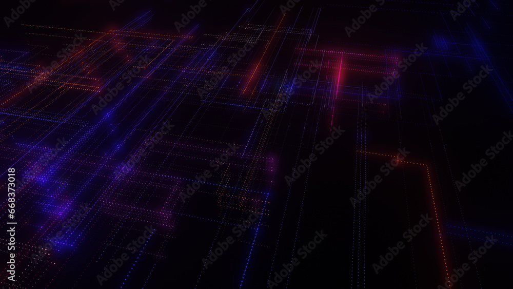 Poster 3d rendering of a digital neon mesh made of bright lines and dots