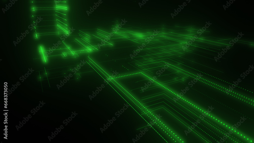 Poster 3d rendering of a digital neon mesh made of bright lines and dots