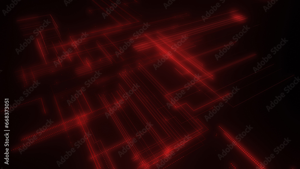 Poster 3d rendering of a digital neon mesh made of bright lines and dots