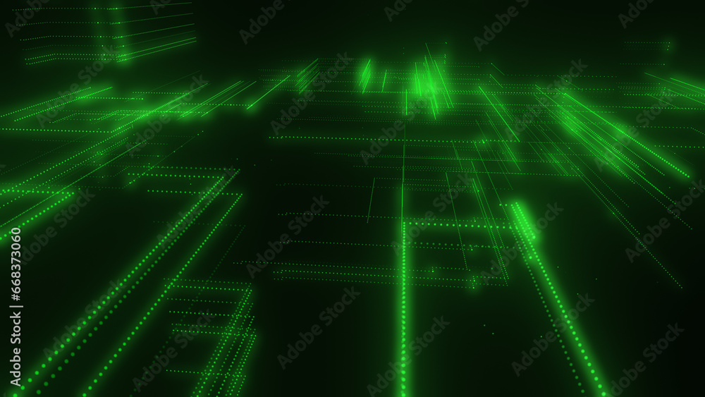 Poster 3d rendering of a digital neon mesh made of bright lines and dots