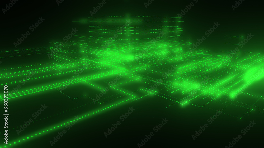 Poster 3d rendering of a digital neon mesh made of bright lines and dots