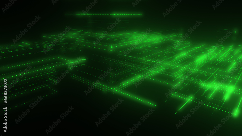 Poster 3d rendering of a digital neon mesh made of bright lines and dots