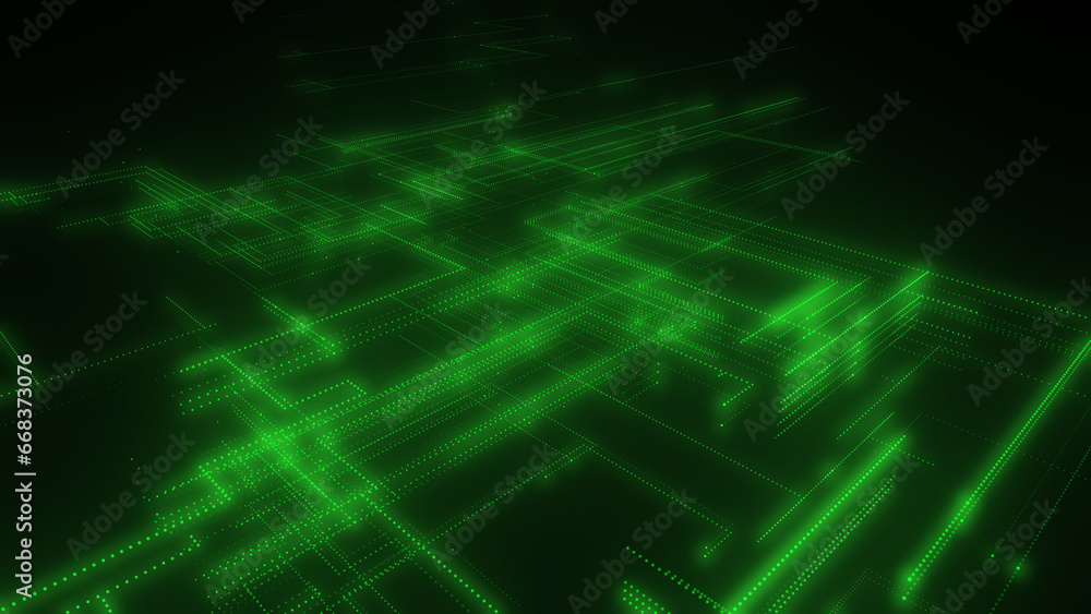 Poster 3d rendering of a digital neon mesh made of bright lines and dots