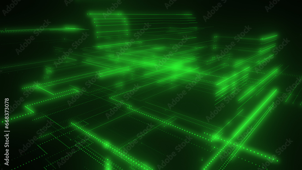 Poster 3d rendering of a digital neon mesh made of bright lines and dots
