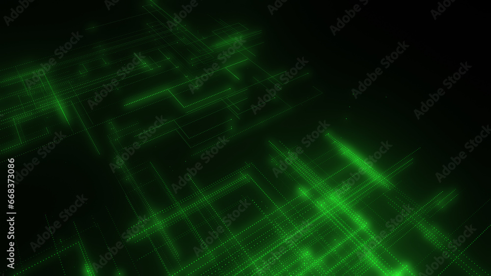 Poster 3d rendering of a digital neon mesh made of bright lines and dots