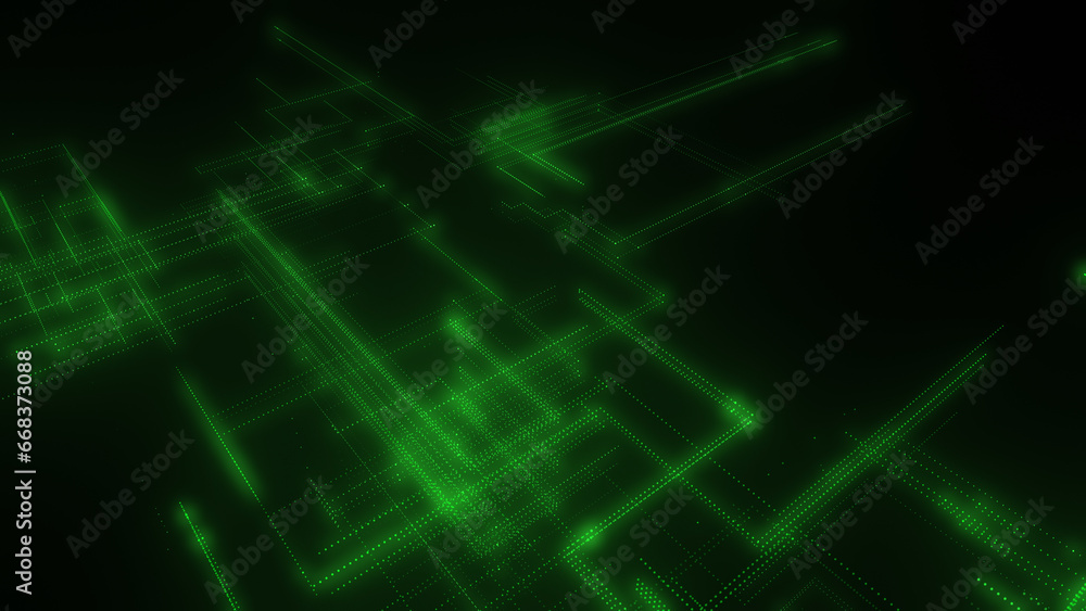Poster 3d rendering of a digital neon mesh made of bright lines and dots