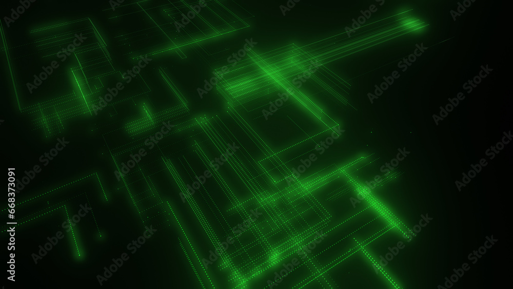 Poster 3d rendering of a digital neon mesh made of bright lines and dots