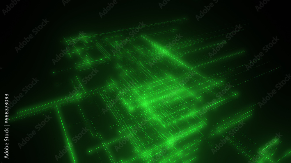 Poster 3d rendering of a digital neon mesh made of bright lines and dots