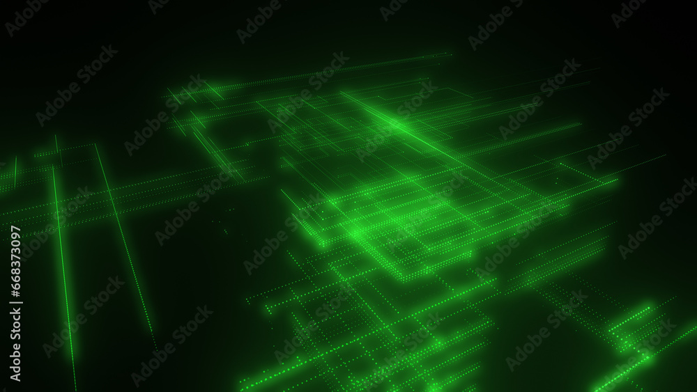 Poster 3d rendering of a digital neon mesh made of bright lines and dots
