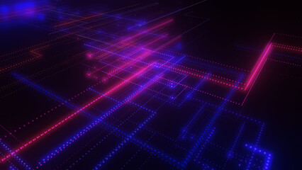 3D rendering of a digital neon mesh made of bright lines and dots
