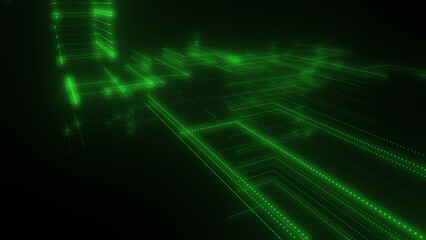 3D rendering of a digital neon mesh made of bright lines and dots