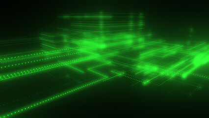 3D rendering of a digital neon mesh made of bright lines and dots