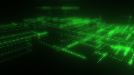 3D rendering of a digital neon mesh made of bright lines and dots