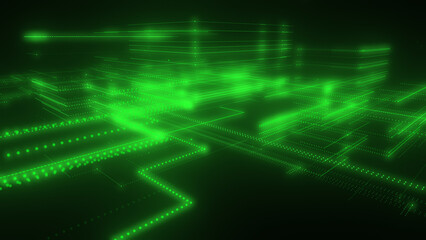 3D rendering of a digital neon mesh made of bright lines and dots