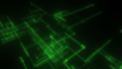 3D rendering of a digital neon mesh made of bright lines and dots