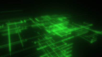 3D rendering of a digital neon mesh made of bright lines and dots