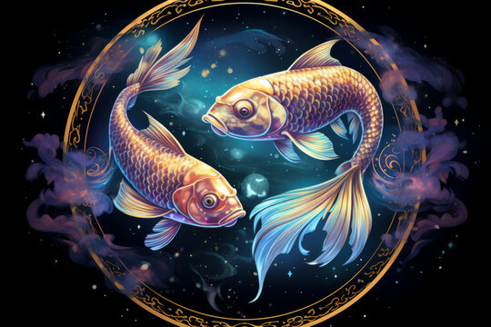 Pisces zodiac sign against space nebula background. Astrology calendar. Esoteric horoscope and fortune telling concept.