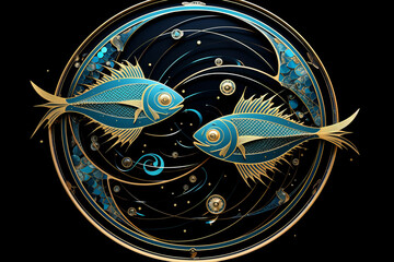 Pisces zodiac sign against space nebula background. Astrology calendar. Esoteric horoscope and fortune telling concept.