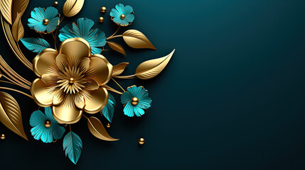 abstract gold and blue floral pattern background, generative ai