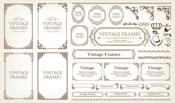 Borders and frames. Set of Decorative vintage floral ornament. Vector design. 