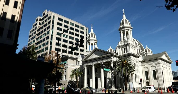 Daytime view of historic buildings in downtown San Jose, California, USA.