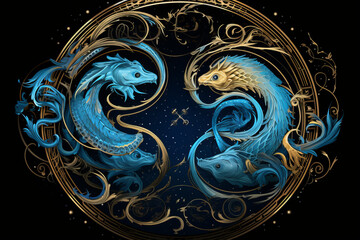 Pisces zodiac sign against space nebula background. Astrology calendar. Esoteric horoscope and fortune telling concept.