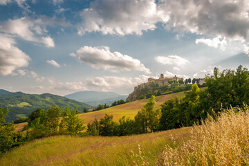 Rural landscape with the castle of Bardi. Parma province, Emilia and Romagna, Italy.