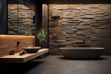 Bathroom, washroom Mockup, with Towel on fern with candles and black hot stone on wooden background. Hot stone massage setting lit by candles