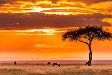 sunset in the serengeti country - obrazy, fototapety, plakaty