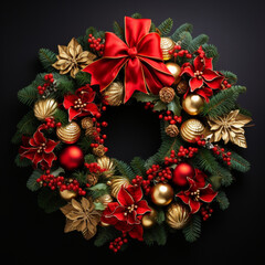 Fondo con detalle y textura de corona de adorno de navidad, con tonos verdes, rojos y dorados