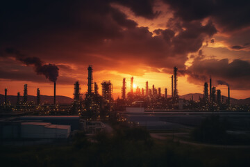 Naklejka premium Oil refinery plant. Gas Processing Plant. Pipes of natural gas factory. Oil crude and gas refineries. Oil refining and Petrochemical. Reduced fuel. Ai Generated Illustration.