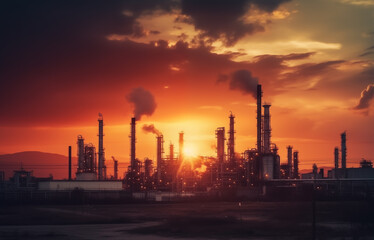 Fototapeta na wymiar Oil refinery plant. Gas Processing Plant. Pipes of natural gas factory. Oil crude and gas refineries. Oil refining and Petrochemical. Reduced fuel. Ai Generated Illustration.