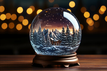 Fototapeta na wymiar A snowglobe with low hills of snow inside and nothing else, on a wooden table, blurry neon - purple lights in the back. AI generative
