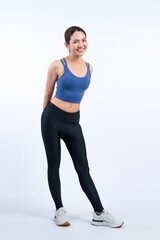 Full body asian woman in sportswear portrait, smiling and posing cheerful gesture. Workout training...