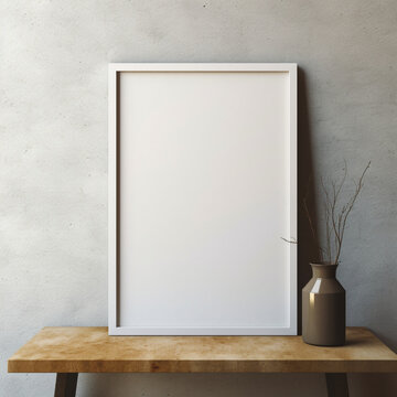 Fotografia de estilo mockup de cuadro en blanco con marco de tonos claros y decoración neutra