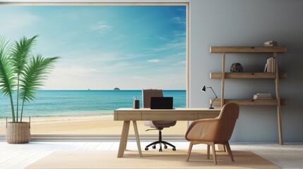 A room with a desk, chair and a large window overlooking the ocean